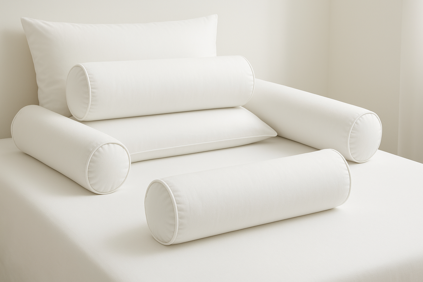 Multiple White Bolster Cushions on Bed