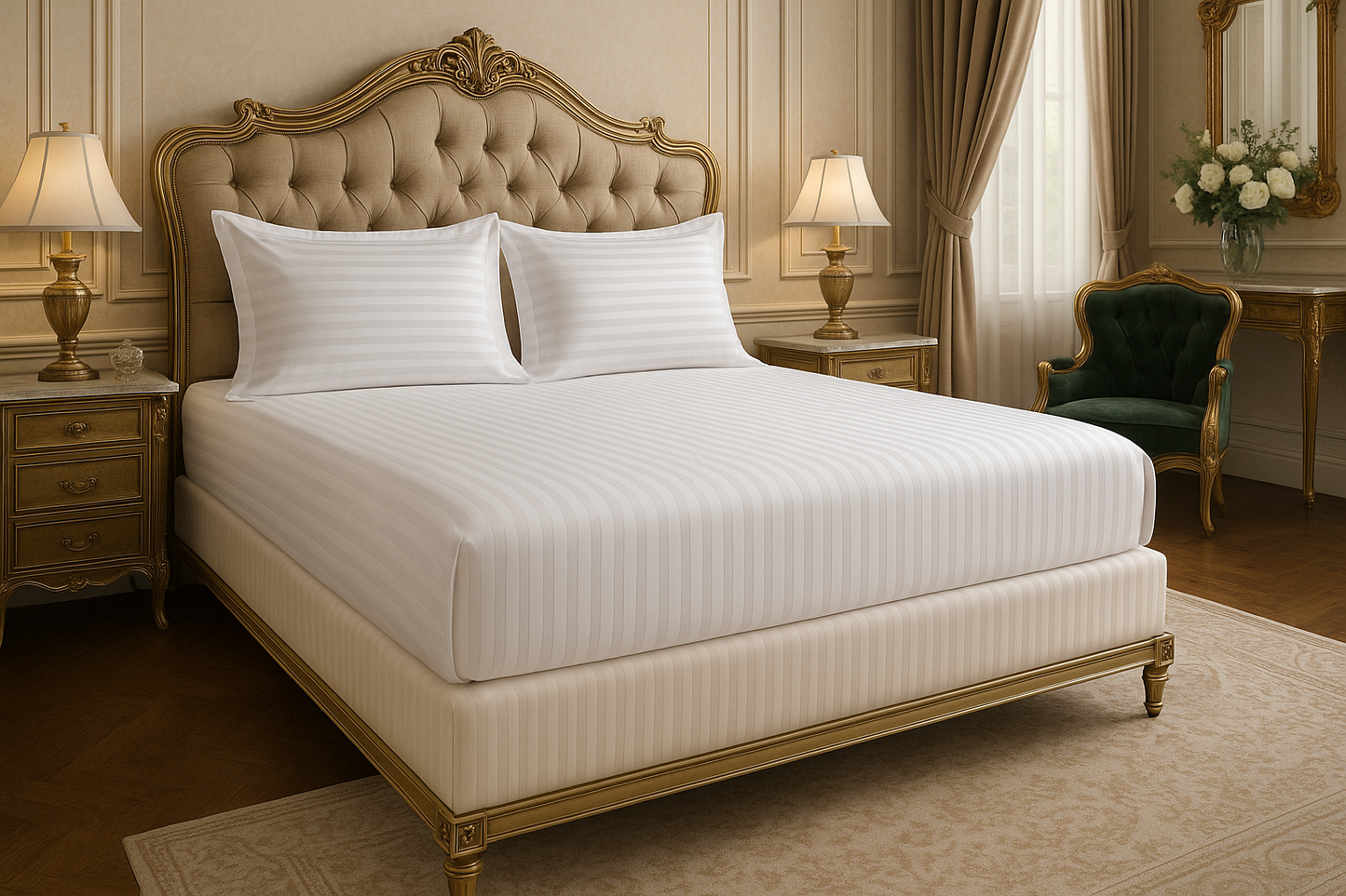 Opulent master bedroom with coordinated stripe patterns