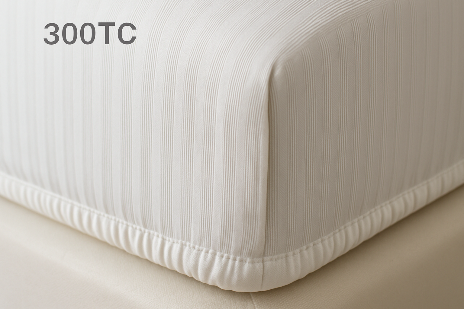 Close-up of 300TC fitted sheet corner with vertical stripes