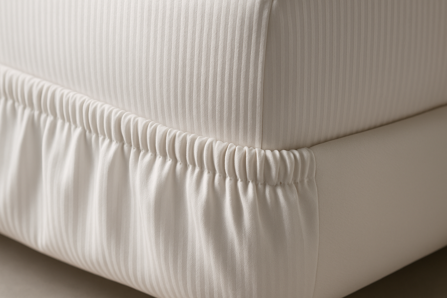 Close-up of 800TC fitted sheet corner with vertical stripes
