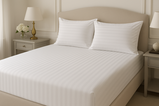 Elegant bedroom styling with coordinated stripe patterns