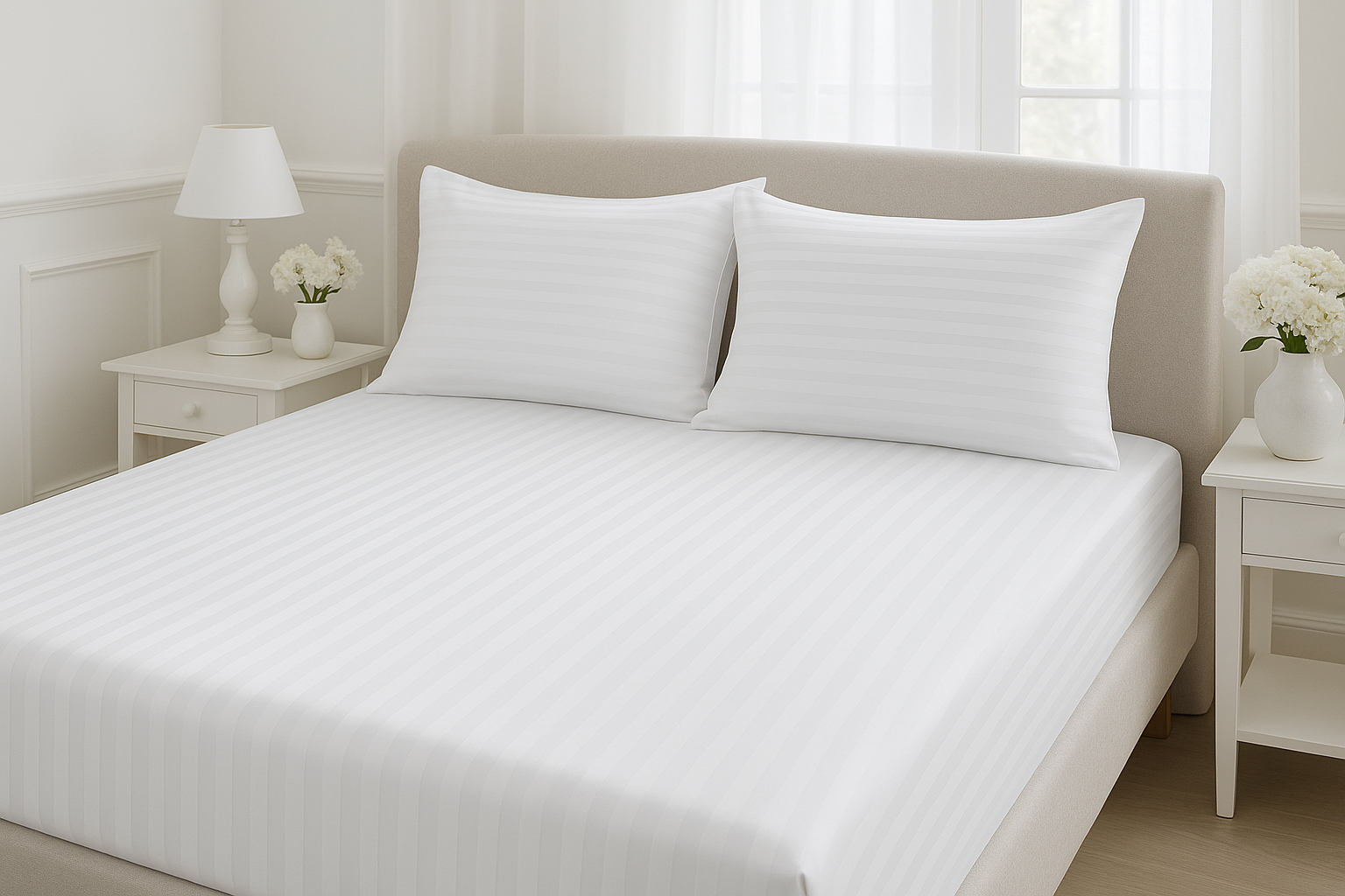 Elegant bedroom styling with striped bedding