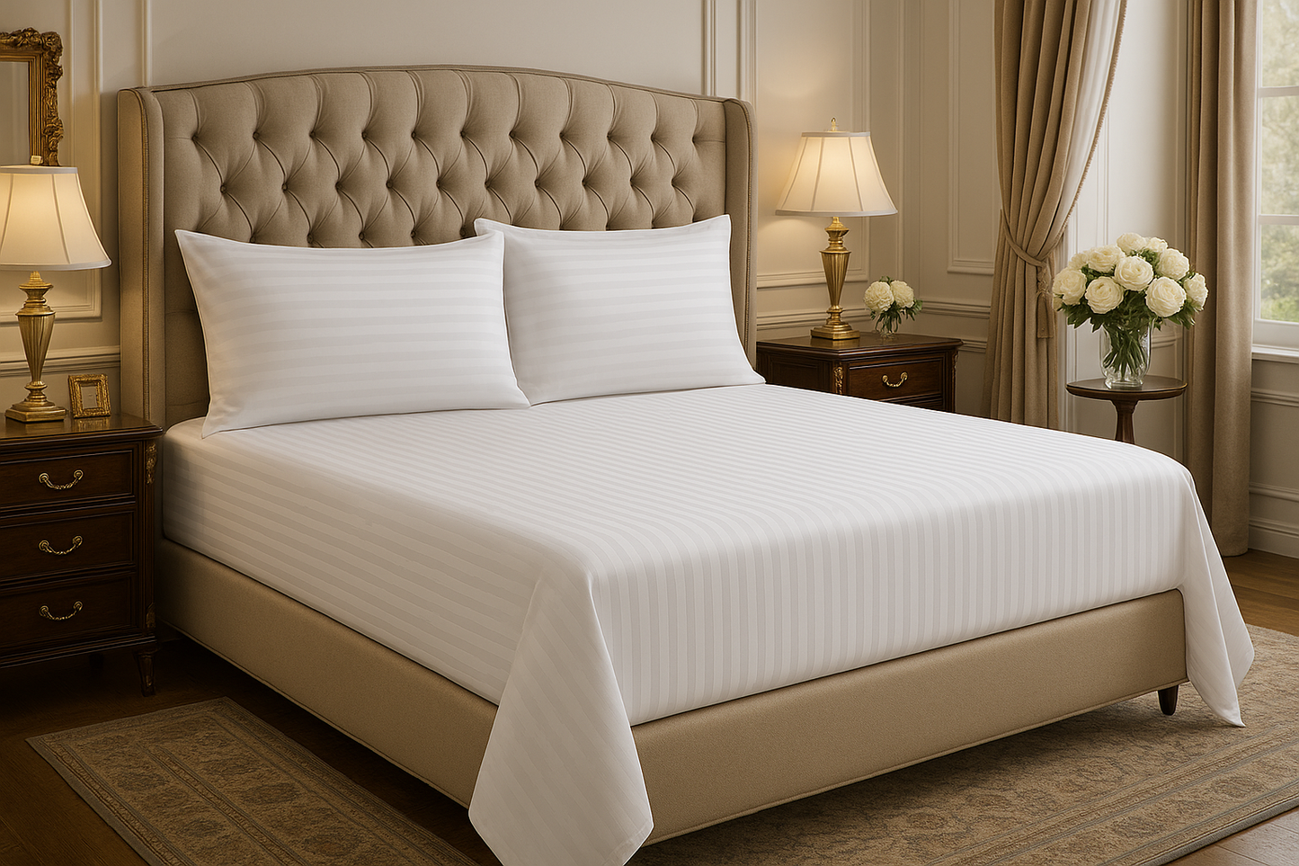 Luxurious master bedroom with coordinated stripe patterns