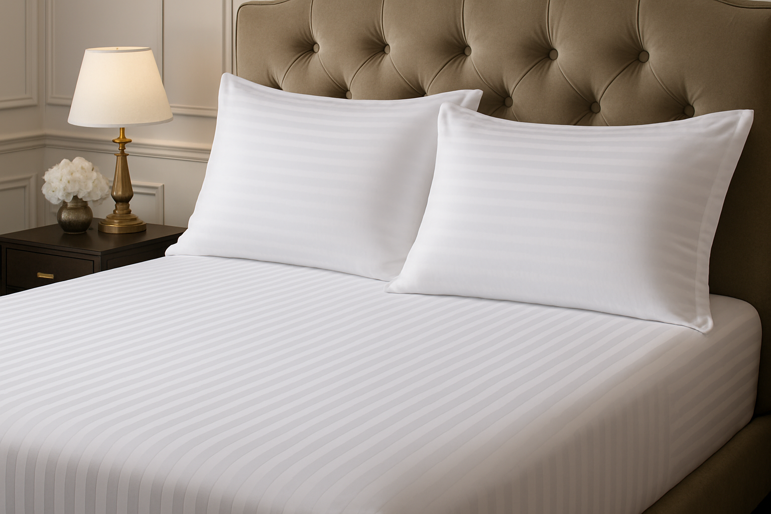 Luxury fitted bedsheet with vertical stripes and horizontal striped pillowcases