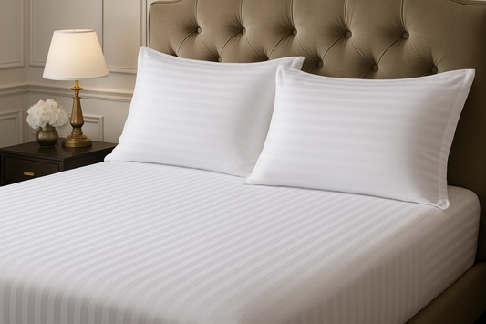Luxury fitted bedsheet with vertical stripes and horizontal striped pillowcases