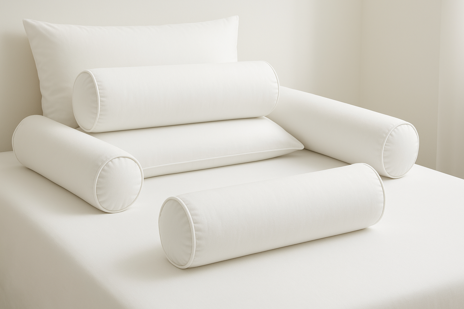 Multiple White Bolster Cushions on Bed