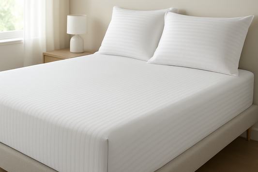 Striped fitted bedsheet with horizontal stripe pillowcases