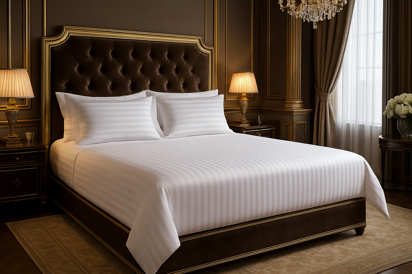 Ultimate luxury master bedroom with coordinated stripe patterns
