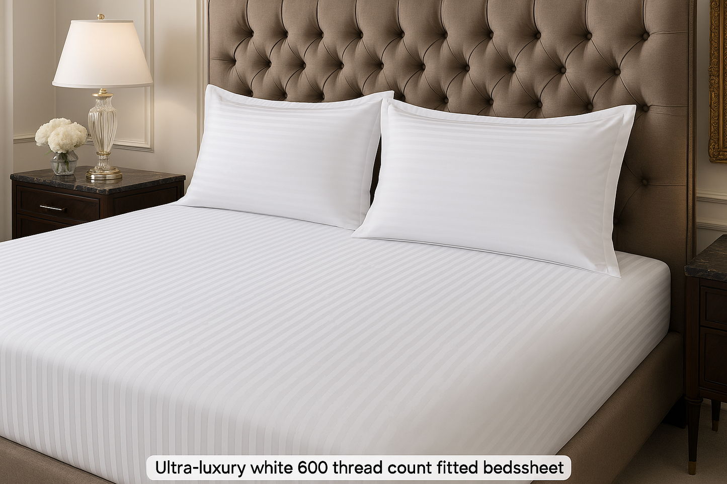 Ultra-luxury fitted bedsheet with vertical stripes and horizontal striped pillowcases
