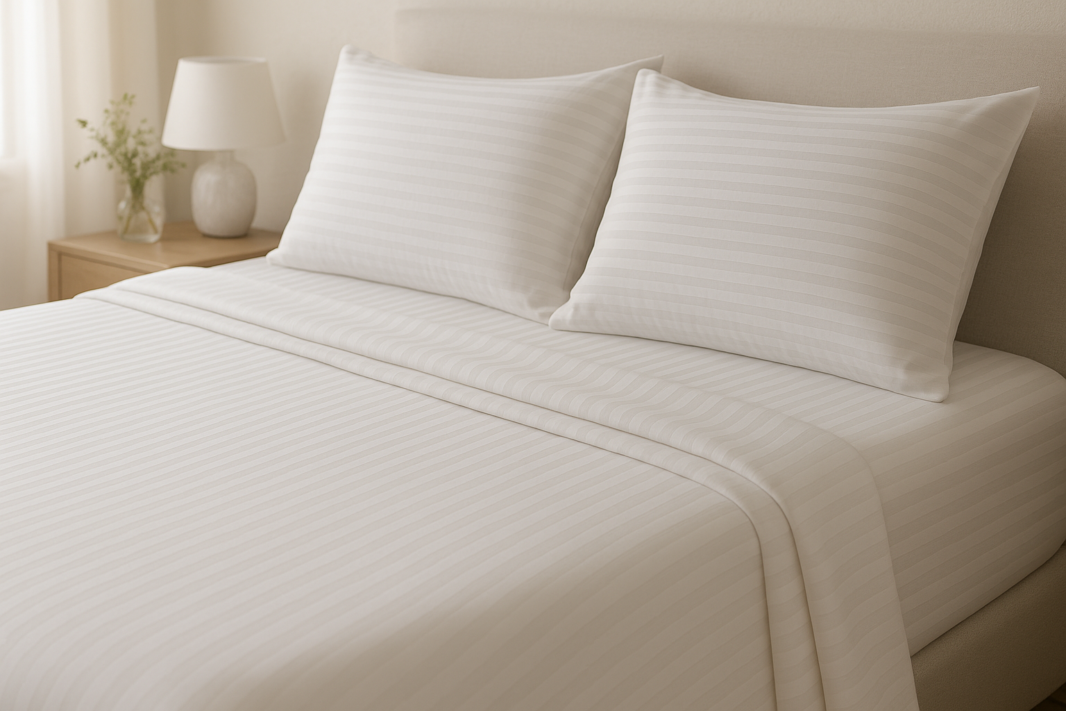 White striped bedsheet set beautifully arranged on bed